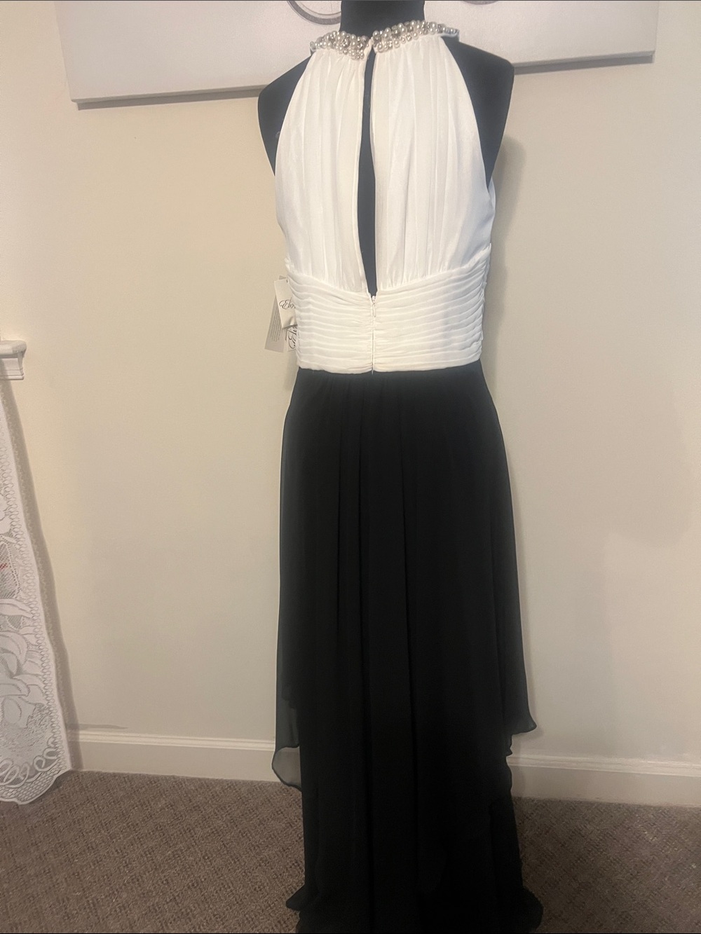 Eliza J Black and White High-Low Evening Dress with Beaded Halter - Picture 4 of 5